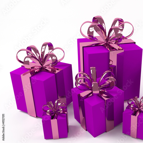Illustration: fünf lilafarbene Geschenke mit rosa Band fünf lilafarbene Geschenke mit rosa Band