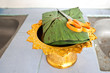 lotus leaf on tray with scissors for Ordination tradition lotus leaf on tray with scissors for Ordination tradition