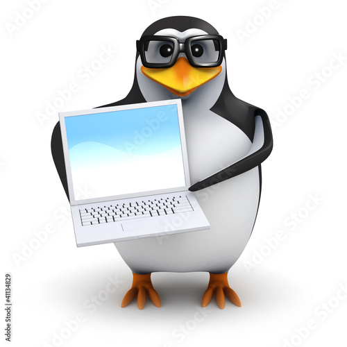 Illustration: 3d Penguin in Spectacles with Laptop 3d Penguin in Spectacles with Laptop