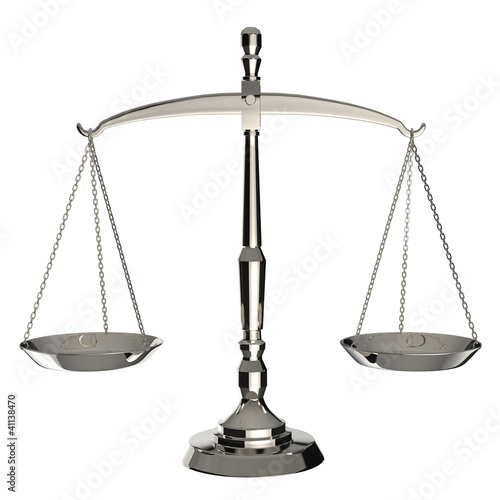 Photo: Silver scales of justice isolated on white background. Silver scales of justice isolated on white background.
