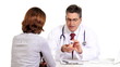 Doctor pharmacist with patient woman.