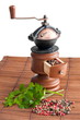 Pepper grinder, different sort of peppers and some parsley leave