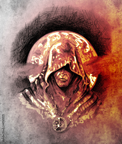 Illustrazione: Sketch of tattoo art, magician, halloween concept Sketch of tattoo art, magician, halloween concept