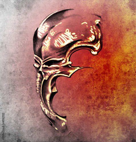 Illustration: Sketch of tattoo art, skull demon mask Sketch of tattoo art, skull demon mask