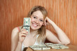 happy girl with US dollars in home happy girl with US dollars in home