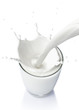 pouring a glass of milk creating splash from top view