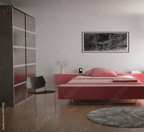 Illustration: Modern bedroom with red bed Modern bedroom with red bed