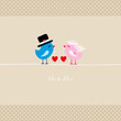 Birds Holding 2 Hearts Mr. & Mrs. Beige Dots