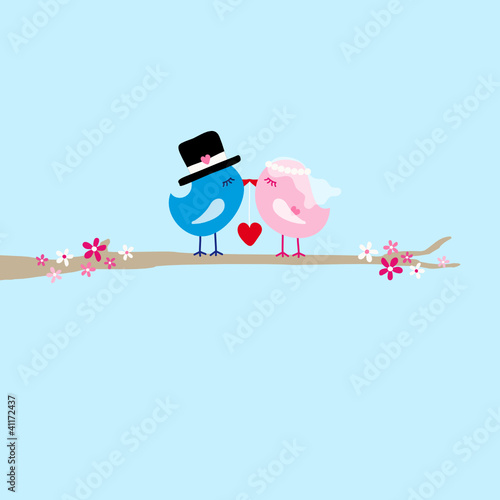 Wedding Birds 1 Heart On Tree Blue Background