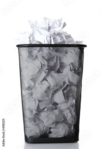 Photo: metal trash bin from paper isolated on white metal trash bin from paper isolated on white