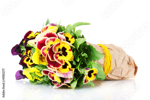 Photo: beautiful violet pansies isolated on a white . beautiful violet pansies isolated on a white .