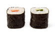 Two sushi rolls on white