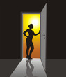 Woman standing in the open door, illustration Woman standing in the open door, illustration