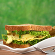 Scrambled eggs sandwich with fried onions and lettuce