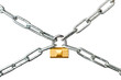 Metal chains secured by a padlock isolated on white