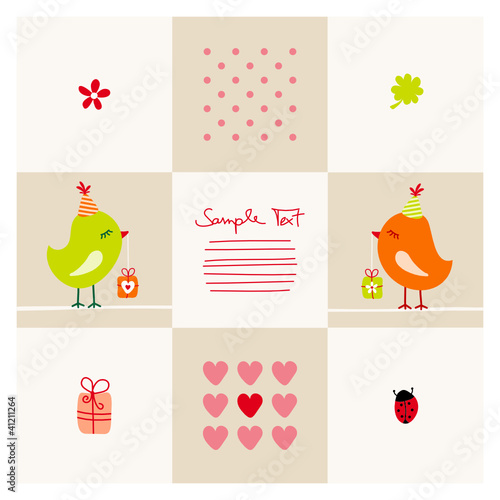 Vektor: Birthday Card Cute Birds Green/Orange Birthday Card Cute Birds Green/Orange