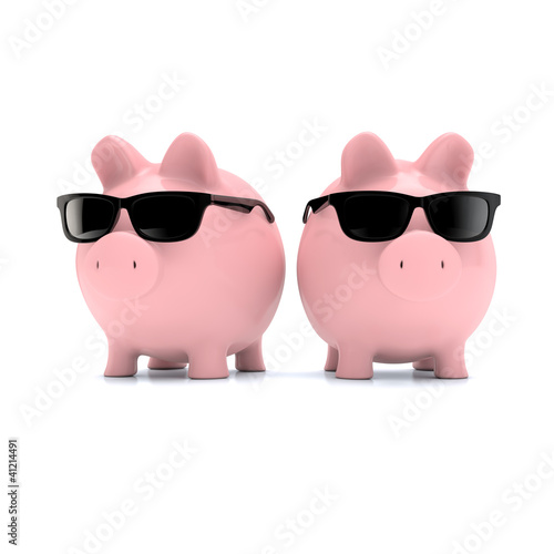 Illustration: Zwei Sparschweine mit Sonnenbrille Zwei Sparschweine mit Sonnenbrille
