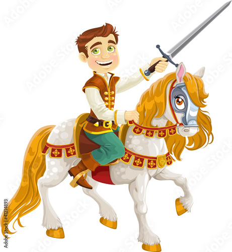 Vector: Prince Charming on a white horse ready for feats Prince Charming on a white horse ready for feats