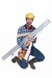 A glowering tradesman carrying building supplies A glowering tradesman carrying building supplies