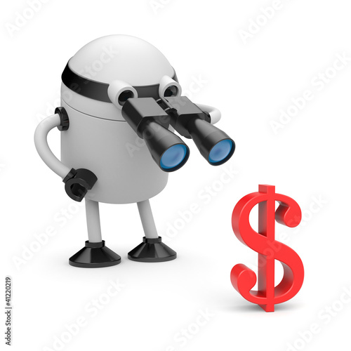 Illustration: Robot looks in binocular on dollar Robot looks in binocular on dollar