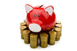 Piggy bank and coins isolated on white