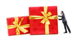 Businessman with gift boxes on white