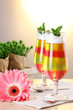 fruit jelly in glasses on tabla in cafe fruit jelly in glasses on tabla in cafe