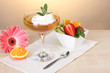 fruit jelly in glass and fruits on table in cafe fruit jelly in glass and fruits on table in cafe