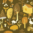 Eco-house in the forest and its inhabitants. Seamless pattern
