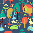 Eco-house in the forest and its inhabitants. Seamless pattern