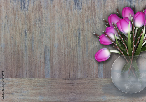 Illustration: Purple tulips in a wase wooden texture background Purple tulips in a wase wooden texture background