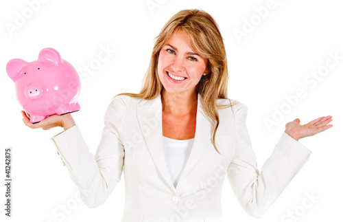 Businesswoman holding a piggybank