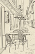 Street cafe in old town sketch illustration