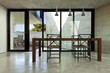 beautiful modern house in cement, interior, wooden dining table beautiful modern house in cement, interior, wooden dining table