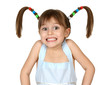 Portrait of funny shoked child girl with long tails on white