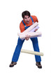Decorator dropping rolls of wallpaper