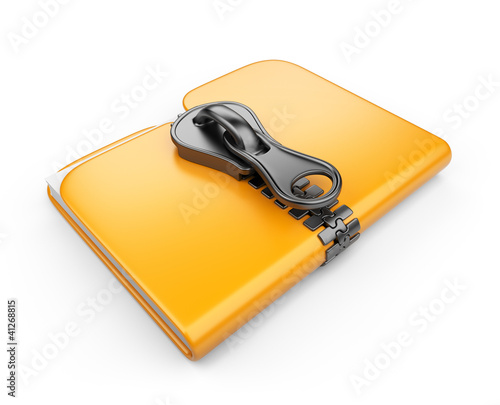 Illustration: Folder with zip 3D. Compression of data. Isolated on white backg Folder with zip 3D. Compression of data. Isolated on white backg