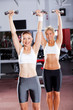 two fitness women working out with dumbbells in gym two fitness women working out with dumbbells in gym