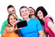 Group of happy people with a smartphone.