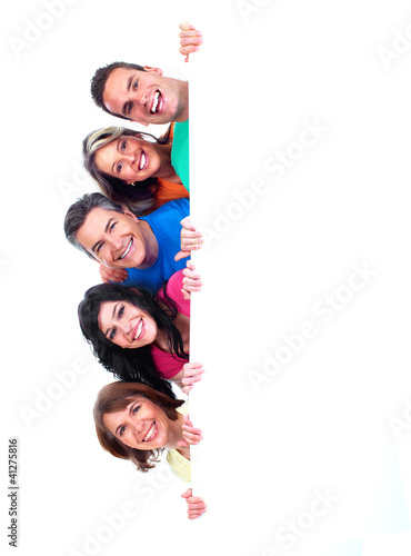 Foto: Group of happy people with banner. Group of happy people with banner.