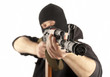 Man in mask with gun on white background