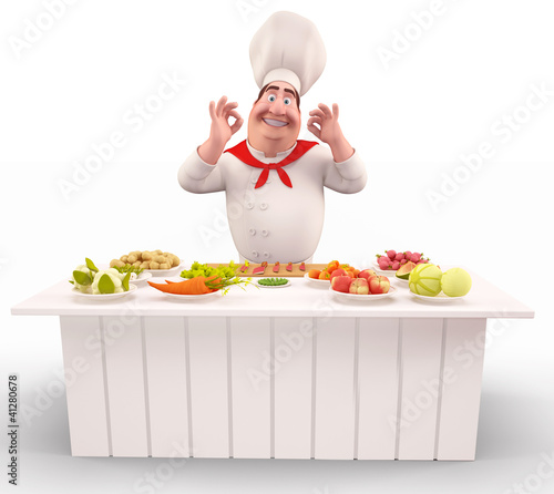Illustration: Chef with vegetable on the table Chef with vegetable on the table