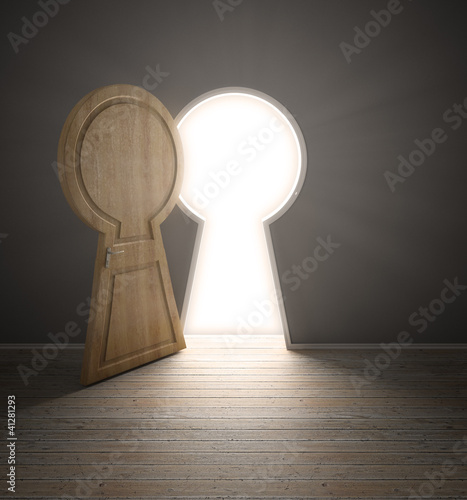 Illustration: empty interior with a door shaped like a keyhole empty interior with a door shaped like a keyhole