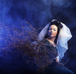 Photo: girl in medieval dress with bunch of sticks in smoke girl in medieval dress with bunch of sticks in smoke