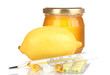 honey, lemon and thermometer  isolated on white