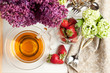 Breakfast with tea and strawberries Breakfast with tea and strawberries