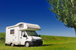 Camper in sosta sull'argine della palude di Comacchio, Italia