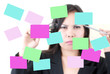Business lady thinking with sticky note. Business lady thinking with sticky note.