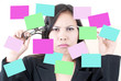 Business lady thinking with sticky note. Business lady thinking with sticky note.