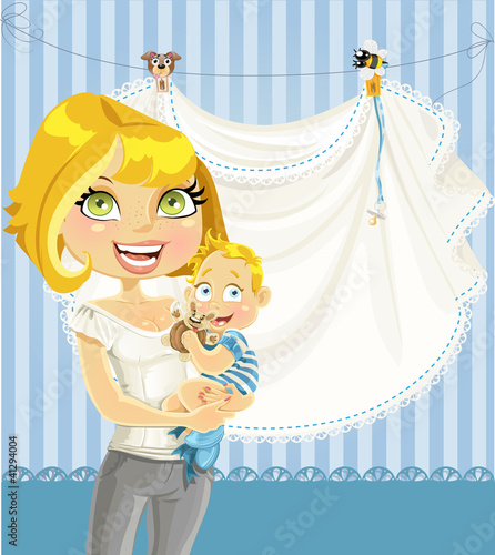 Vector: mom with baby boy blue openwork announcement card mom with baby boy blue openwork announcement card